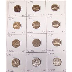 (12X$)  CANADIAN NICKELS, SOME VERY RARE 1927-1950.