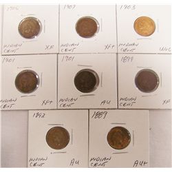 (8x$) U.S INDIAN CENTS. UNC to XF+ and CHOICE COND.