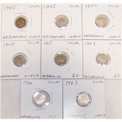 (8x$)10-Cent Netherlands Silver Coins GREAT COLLECTOR COINS. 1925-1966.