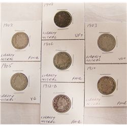 (7X$) U.S LIBERTY NICKELS, 1902-1912-D.