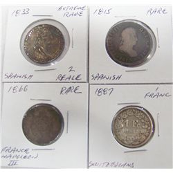 (4X$) EXTREMELY RARE SPANISH, FRENCH, and SWISS COINS, 1815-1887.