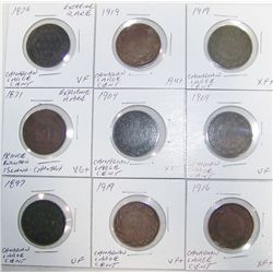 (9X$) VF to AU+ CANADIAN LARGE CENTS, 1897-1919.