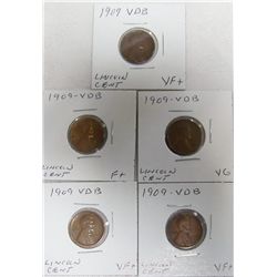 (5X$) 1909-VDB LINCOLN CENTS. VG-VF CONDITION.