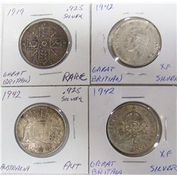 (4X$) KEY AUSTRALIAN AND GREAT BRITAN SILVER FLORIN-TWO SCHILLING COINS 1919-1942.
