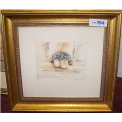 "WINDOW II" #71/250 HAND-COLORED ETCHING. CUSTOM FRAMED, SIGNED.