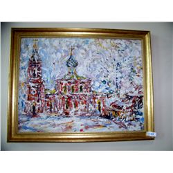 1992 Oil on Canvas RUSSIAN Winter Scene, Signed on Verso in Cyrllic.