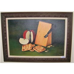 Still Life Oil on Canvas with Fruit and Cheese