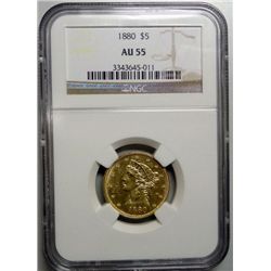 1880 $5 LIBERTY GOLD COIN NGC AU-55