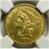 Image 2 : 1873 $5 LIBERTY GOLD COIN NGC MS-61 CLOSED 3 RARE!