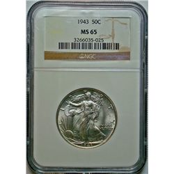 1943 WALKING LIBERTY HALF DOLLAR NGC MS-65 GEM