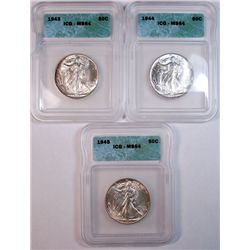 1943, 44, & 45 Walking Liberty Half Dollars all ICG MS-64