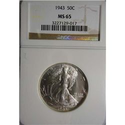 1943 WALKING LIBERTY HALF DOLLAR NGC MS65