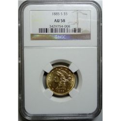 1885-S $5 LIBERTY GOLD COIN NGC AU-58