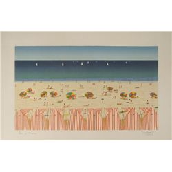 Artist Signed Art Print Beach Scene Summer Umbrellas