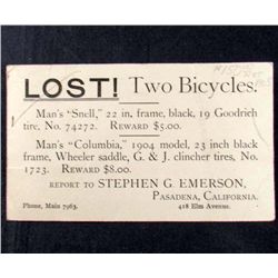 1905 $13.00 REWARD POSTCARD - 2 BICYCLES - PASADENA, CAL.