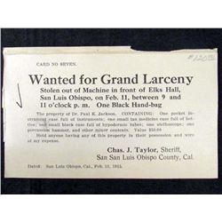 1915 WANTED POSTCARD - GRAND LARCENY - SAN LUIS OBISPO, CAL.