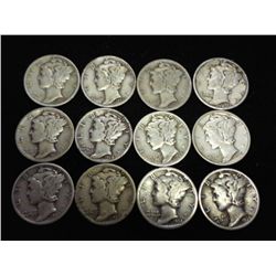 12 ASSORTED 30'S MERCURY DIMES