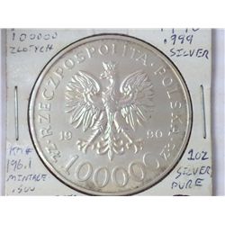 1990 POLAND 100,000 ZLOTYCH 1 OZ SILVER (UNC)