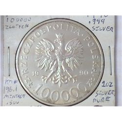 1990 POLAND 100,000 ZLOTYCH 1 OZ SILVER (UNC)