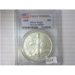 2005 AMERICAN SILVER EAGLE PCGS MS69 1ST STRIKE