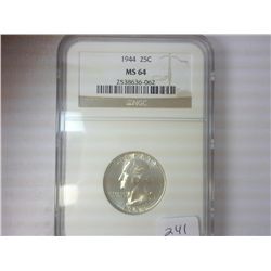 1944 WASHINGTON SILVER QUARTER NGC MS64