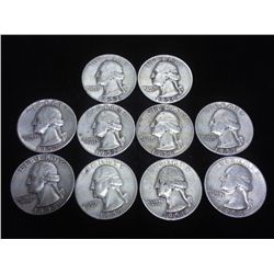 10 ASSORTED 1950-S WASHINGTON SILVER QUARTERS