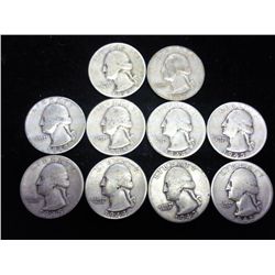 10 ASSORTED 1940'S WASHINGTON SILVER QUARTERS