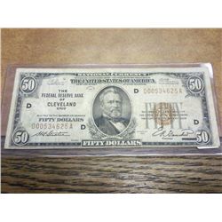 1929 $50 NATIONAL CURRENCY CLEVELAND BROWN SEAL