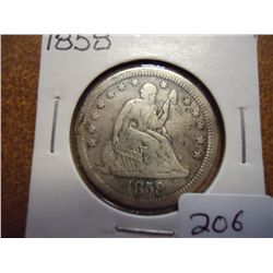 1858 SEATED LIBERTY QUARTER (EXTRA FINE)