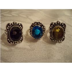 3 Custom Sterling Silver Ladies Rings W/Crystals, Approx. 30 Grams Silver