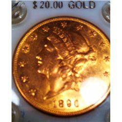 1896-S $20 Gold Liberty Coin, AU