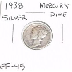 1938 Mercury Silver Dime *EXTRA FINE-45 GRADE*!!