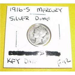 1916-S Mercury Silver Dime *RARE KEY DATE F-12 GRADE*!!