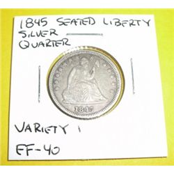 1845 Silver Quarter Dollar Seated Liberty Variety 1 *EXTREMELY RARE EXTRA FINE-40 GRADE*!!