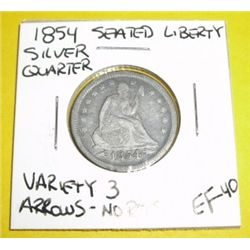 1854 Silver Quarter Dollar Seated Liberty Variety 3 *RARE EXTRA FINE-40 GRADE ARROWS & NO RAYS*!!