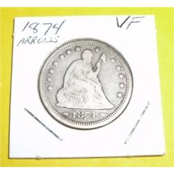 1874 Silver Quarter Dollar Seated Liberty Variety 5 *RARE VERY FINE GRADE ARROWS AT DATE*!!