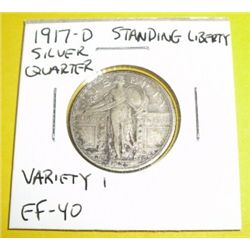 1917-D Standing Libertyr Silver Quarter TYPE 1 *EXTREMELY RARE EXTRA FINE-40 GRADE*!!