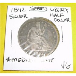 1842 Seated Liberty Silver Half Dollar *EXTREMELY RARE VERY GOOD GRADE MEDIUM DATE*!!