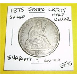 1875 Seated Liberty Silver Half Dollar Variety 4 Resumed *RARE EXTRA FINE-45 GRADE*!!