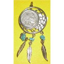 Buffalo Nickel Dream Catcher with Indian Feathers and Turquiose Pendent!!