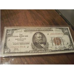 1929 $50 KANSAS CITY FRB BROWN SEAL NOTE. ONLY 276,000 PRINTED