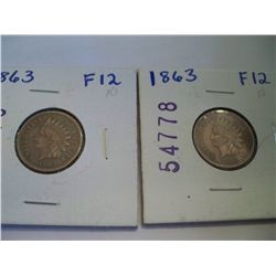 TWO 1863 INDIAN HEAD PENNIES, F12