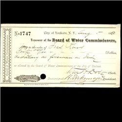 1880 Yonkers NY Water Board Bank Draft (COI-3264)