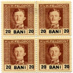 1918 Romania 20b Austria Occupation Carl 4 Block Error (STM-0472)