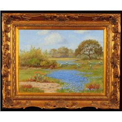 Hugo Herbeck "Bluebonnets Bandera TX" Oil Painting