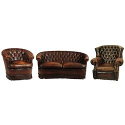 Button Back Leather Sofa & Matching Club Chairs