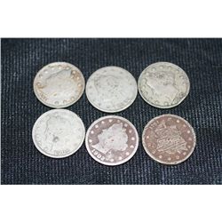 Lot of 6, V-Nickels various dates and conditions
