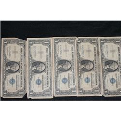 Lot of 5, Silver Certificate Federal Reserve Dollar