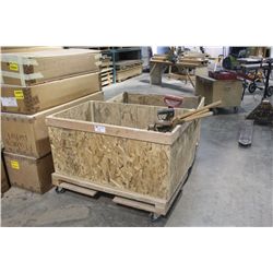 LOT OF WOODEN DUMPBINS, BROOMS & SHOVELS