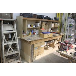 WOODEN WORK BENCH, JIGS, RADIOS & HARDWARE